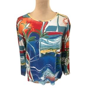 Chicos Vintage Top Vibrant Beach Fish Print  Scoop Neck 3/4 Sleeve Size 3 = XL.